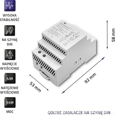 Furnizues energjie DIN Rail Qoltec 50920, 12V 4.5A, 54W, i bardhë