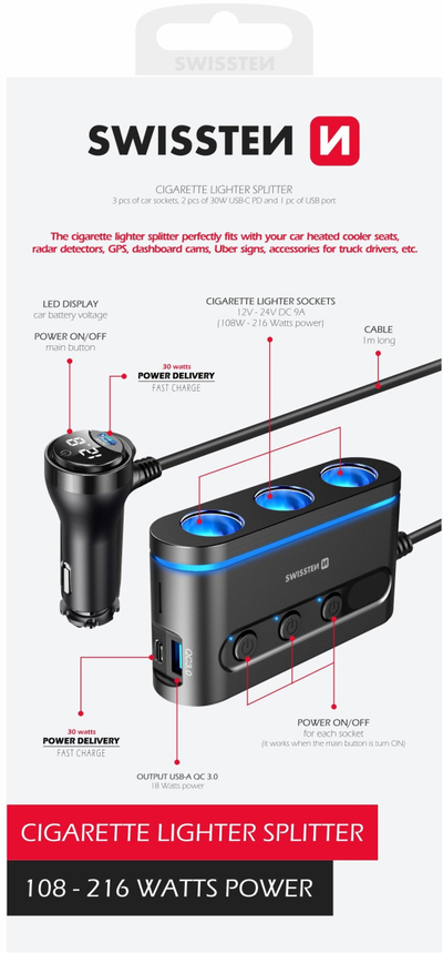 Ngarkues veture Swissten CL-Adapter, 216W, 3x CL 2x USB C PD 1x USB A QC 3.0, i zi