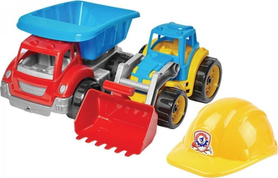 Set lodrash ndërtimi Maksik, kamion vetëshkarkues, eskavator, helmetë e verdhë