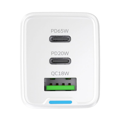 Полнач за ѕид Wozinsky GaN 65W, 2x USB C 1x USB A, со кабел USB C, бел