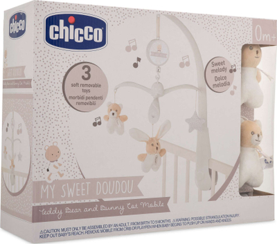 Karusel muzikor për krevat Chicco Doudou My Sweet DouDou, me arush dhe lepurush, ngjyra të qeta neutrale