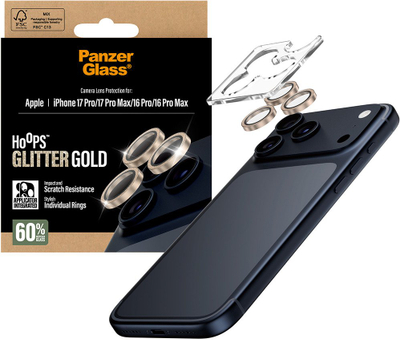 Mbrojtës kamere PanzerGlass Hoops, për iPhone 16 Pro 17 Pro Max, Glitter Gold