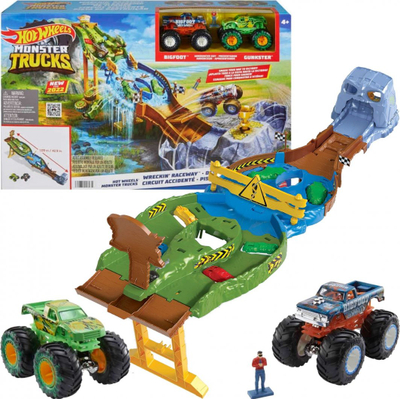 Set loje Hot Wheels Monster Trucks Wreckin Raceway, me 2 kamiona Bigfoot dhe Gunkster, shumëngjyrësh
