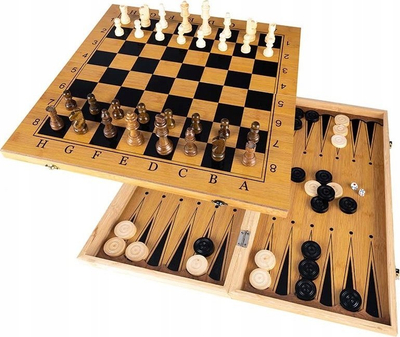 Set lojrash 3 në 1 Chess Checkers Backgammon Tryktrak, palosës, dru, ngjyrë natyrale