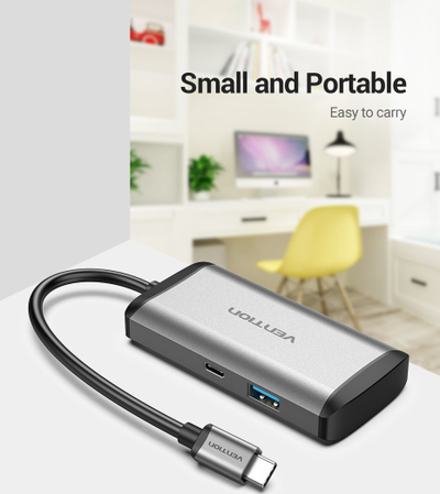 Adapter USB-C Vention TGAHB, 4x USB 3.0, PD, gri metalik