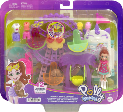 Set loje Polly Pocket Tropical Treats Carnival, kukull 7.5 cm, rrotë panoramike, shumëngjyrësh