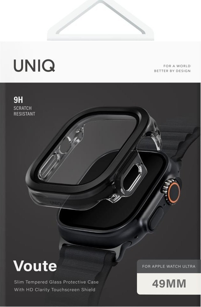 Mbrojtëse Uniq Voute për Apple Watch Ultra 49mm, xham i fortifikuar, kornizë plastike, e zezë