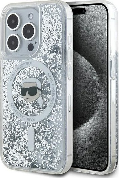 Mbulesë telefoni Karl Lagerfeld Liquid Glitter Karl Head për iPhone 15 Pro, transparente