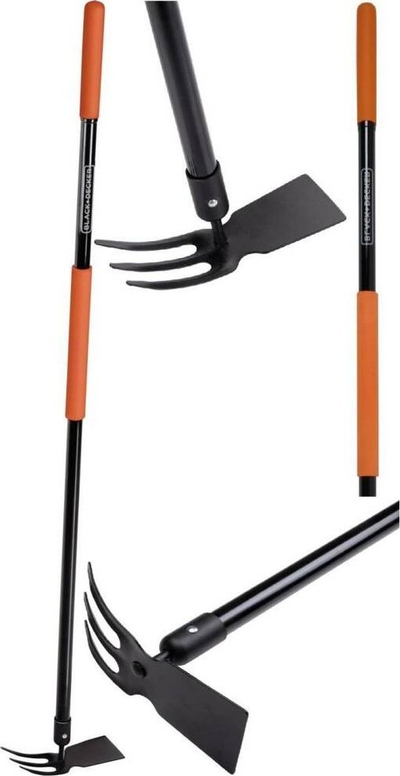Mjet kopshti Black+Decker Garden Culti Hoe Fiberglass, me dorëzë t’madhe, me grep edhe motikë, portokalli