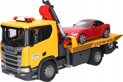 Set lodrash Bruder Scania Super 560R Roadside Assistance Tow Truck me Roadster, drita dhe tinguj, shkalla 1:16, shumëngjyrësh