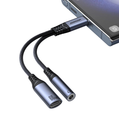 Adapter USB C Joyroom SY C02, 2 me 1, 60W, me Jack 3.5mm, i zi
