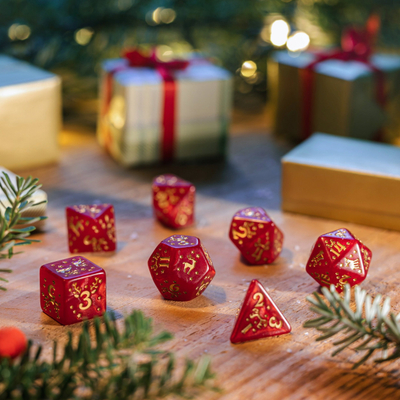 Set zara Q WORKSHOP D&amp;D Christmas Dice Set, me temë Krishtlindjet, poliedrik, shumëngjyrësh