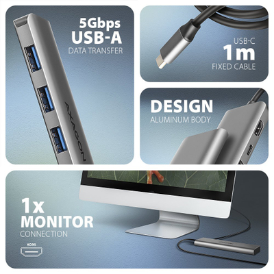 Hub USB C AXAGON HMC-5H, 3x USB A, HDMI 4K, PD 100W, argjendi