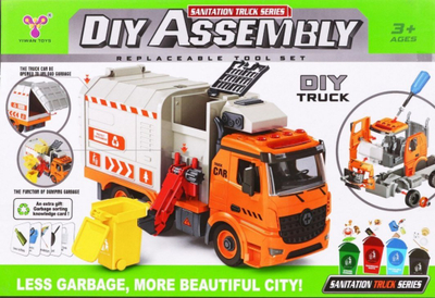 Lodër kamion plehrash Yiwan Toys ZAU.YW9084, me drita dhe zë, set edukativ me kosha, portokalli