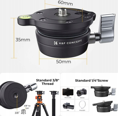 Bazë niveluese për tripod K&amp;F Concept KF31.102, kapacitet 10 kg, metal, e zezë