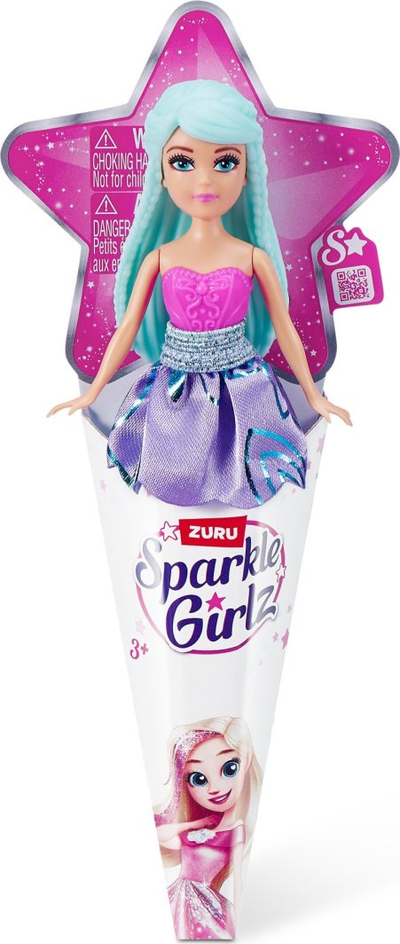 Kukull ZURU Sparkle Girlz Mini Pop, në paketim si kornet akulloreje, me flokë dhe fustan shumëngjyrësh