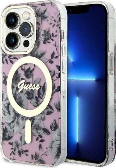 Kapak telefoni Guess GUHMP14LHCFWSP për iPhone 14 Pro, MagSafe, hardcase, rozë me lule