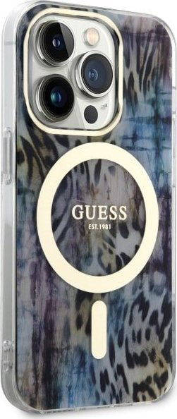 Kapak telefoni Guess GUHMP14LHLEOPWB për iPhone 14 Pro 6.1", MagSafe, leopard blu