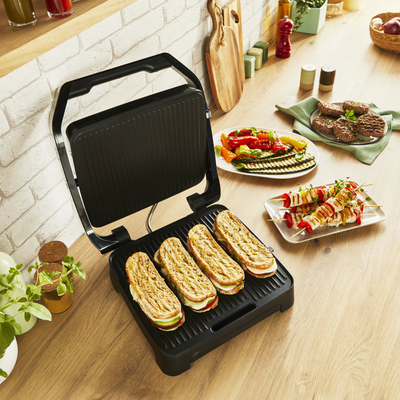 Grill elektrik Tefal Inicio Classic GC271810, për 4 deri 6 persona, për panini dhe mish, inox i zi