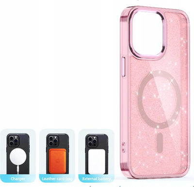 Mbrotëse telefoni Glitter Case MagSafe për iPhone 16 Pro Max, TPU, rozë transparente
