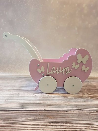 Karrocë lodër për kukulla Adar, model Laura, druri, rozë e bardhë