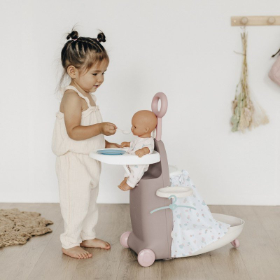 Lodër karrucë kukulle Smoby Baby Nurse, për kukulla deri 42cm, me krevat dhe tavolinë ngrënieje, rozë