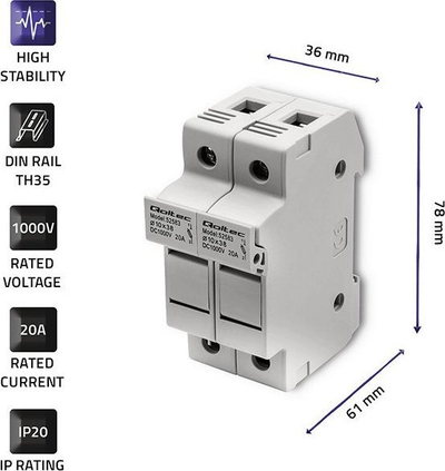 Bazë sigurimi DC Qoltec 2P 1000V 20A, për siguresa 10x38 mm, gri