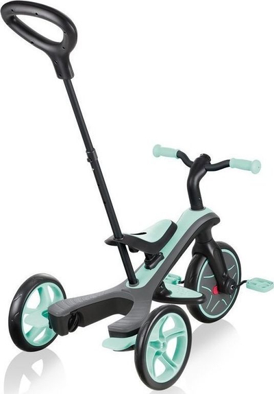 Tricikël për kalamaj Globber Explorer 4‑në‑1, me mbështetëse koke, me çati kundra rrezeve UV, ngjyrë mint jeshile