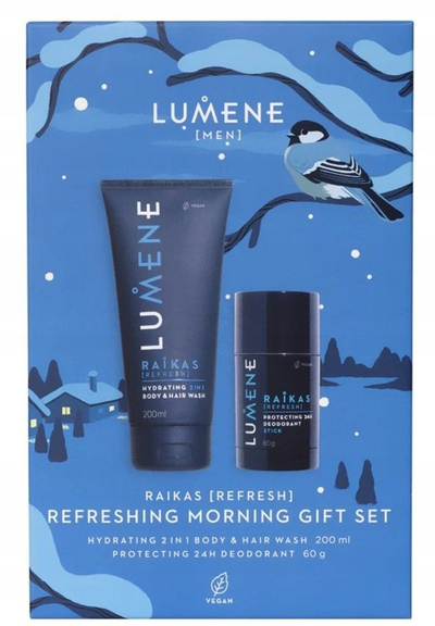 Set dhuratë Lumene Men Raikas Refreshing Morning, xhel dushi 2n1 trup dhe flokë 200ml, deodorant stick 60g, blu