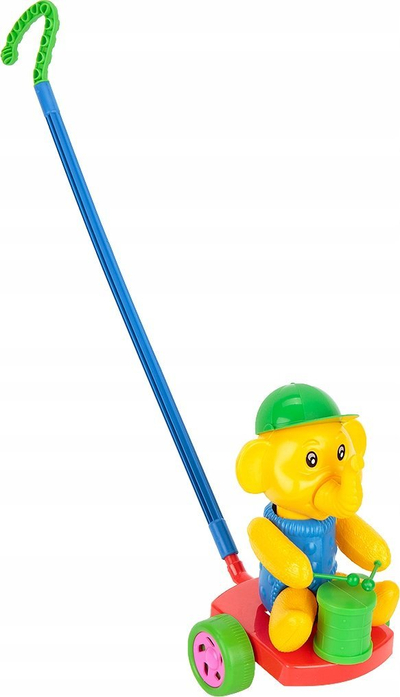 Lodër për shtyrje Lazur Elephant With Drum, plastike, me shkop, me shumë ngjyra