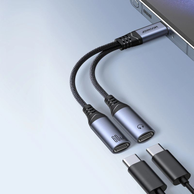 Adapter audio Joyroom 2 me 1, USB‑C në dy USB‑C, 60W, gri e errët