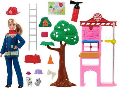 Set lojrash Barbie Careers Firefighter, kukull zjarrfikëse, stacion zjarri, me aksesorë