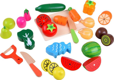 Set lodrash druri WOODEN VEGETABLE FRUITS, prerje magnetike, kuti druri, shumëngjyrëshe