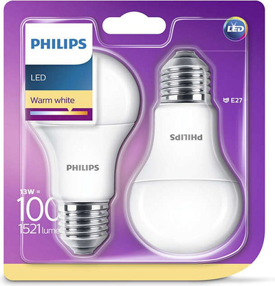 Llambë LED Philips, 13W si 100W, E27, 2700K, set me 2 copë, e bardhë mat