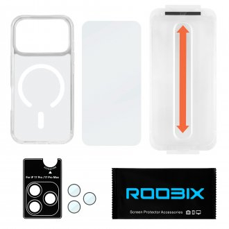 Set aksesorësh Roobix 3 në 1 për iPhone 17 Pro, mbështetje MagSafe, futrollë transparente, xham + mbrojtës lente