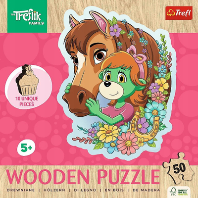 Puzzle druri Trefl Wood Craft, 50 copa, Happy Treflik Family, shumëngjyrësh