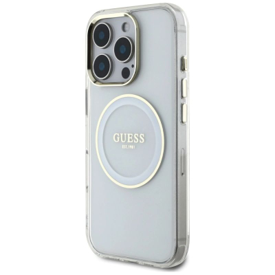 Футрола Guess IML Metal Colored Circle MagSafe за iPhone 16 Pro, TPU и поликарбонат, проѕирна бела