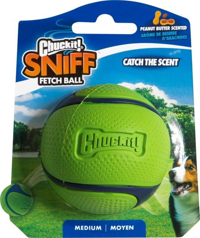 Top lojrash për qen Chuckit Sniff Fetch Ball, erë gjalp kikiriku, përmasa medium, jeshil