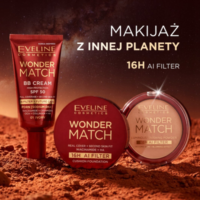 Puder kompakt Eveline Wonder Match Cushion Foundation 03N Nude, mbulim i lartë, 15ml
