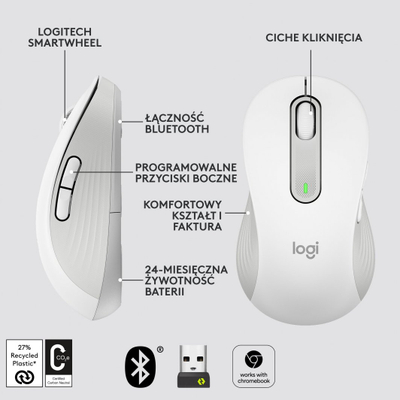 Maus Logitech M650, për majtakë, wireless, Bluetooth, USB, i bardhë dhe i hirt