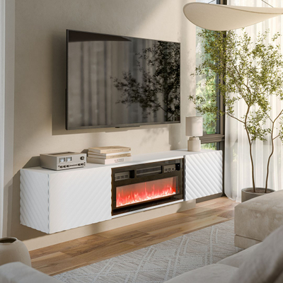 Komodë Bed Meble Lara, 183x35x37 cm, oxhak elektrik, e bardhë mat e zezë
