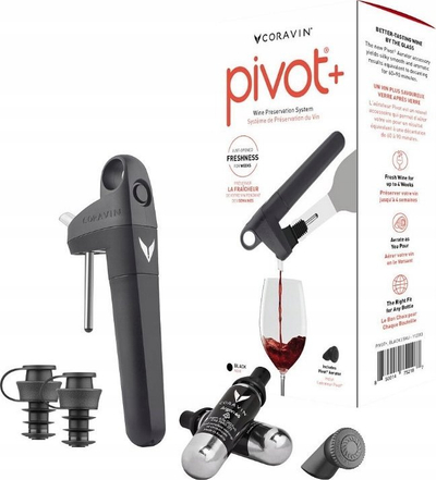 Set për ruajtje vere Coravin Pivot Plus, sistem me gaz për me e mbajt verën, me aerator brenda, i zi