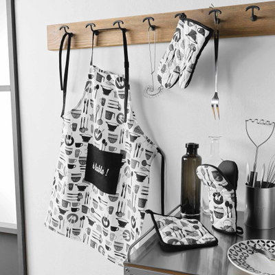 Fartuk kuzhine Douceur d'intérieur Cotton Kitchen Apron With Pocket Uni Pattern, pambuk 100, me xhep përpara, gri