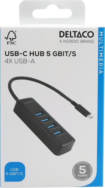 Hub USB-C Deltaco 4x USB-A, 5 Gbps, i zi