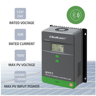 Kontrollues solar Qoltec MPPT, 50A, 12V 24V, LCD, Bluetooth