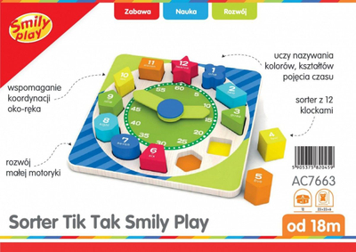 Lodër orë druri Smily Play Sorter Tik Tak, 12 blloqe, edukative, me shumë ngjyra