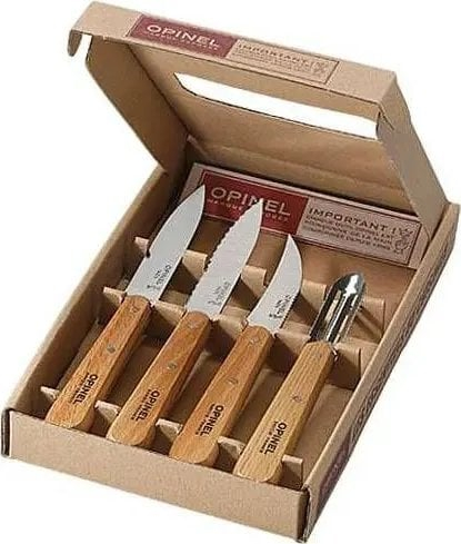 Set thika kuzhine Opinel Natural 4 Essentials, çelik inoks, doreza dru ahu, ngjyrë natyrale