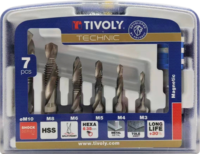 Set shirita shpimi Tivoly Technic, 7 copë, HSS inox 3-10 mm, argjent