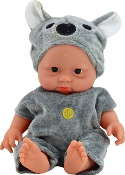 Kukull bebe me kapelë koale, 21 cm, rroba gri