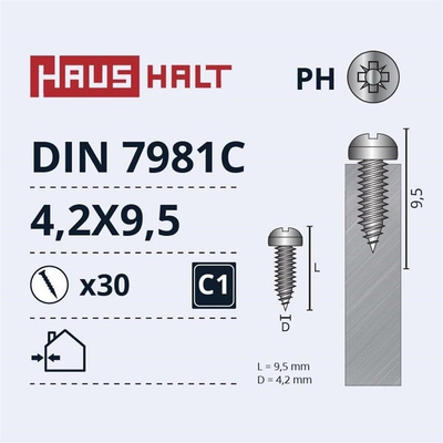 Vida vetëgërryese Haushalt 4.2x9.5 mm, DIN7981C, pako 30 copë, të veshme me zink